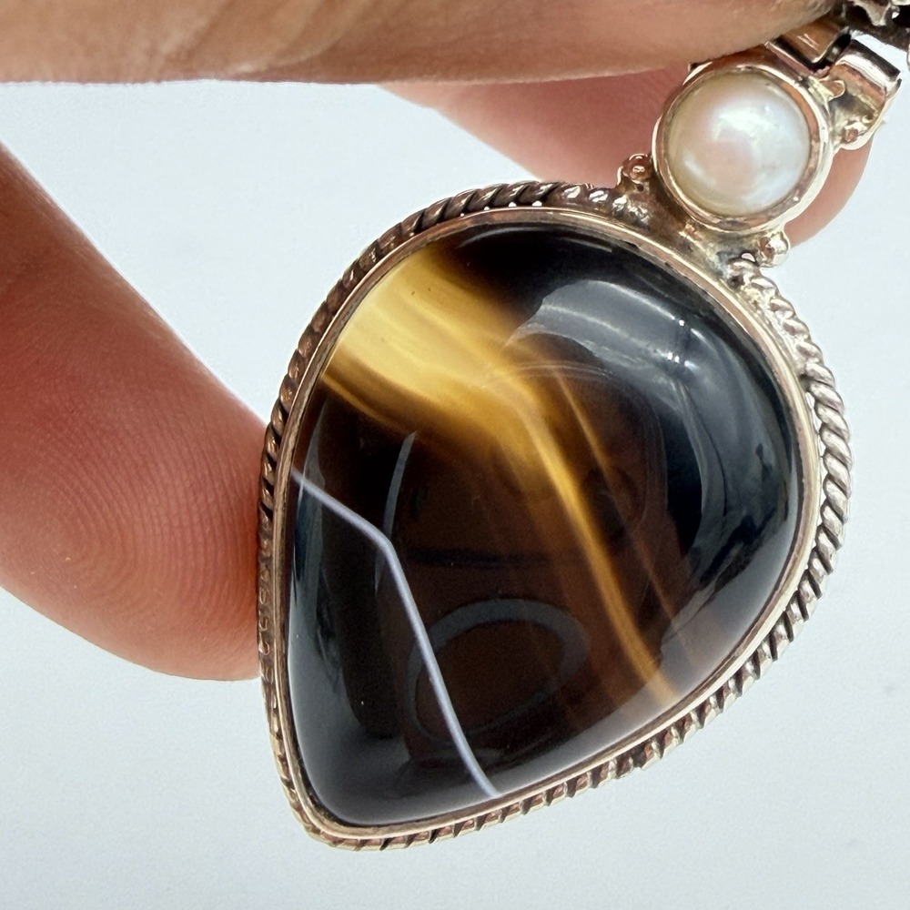Vtg Agate Pendant With Genuine Pearl Teardrop Shape